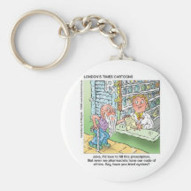 Old Man & The Pharmacy Funny Offbeat Cartoon Gifts Keychain