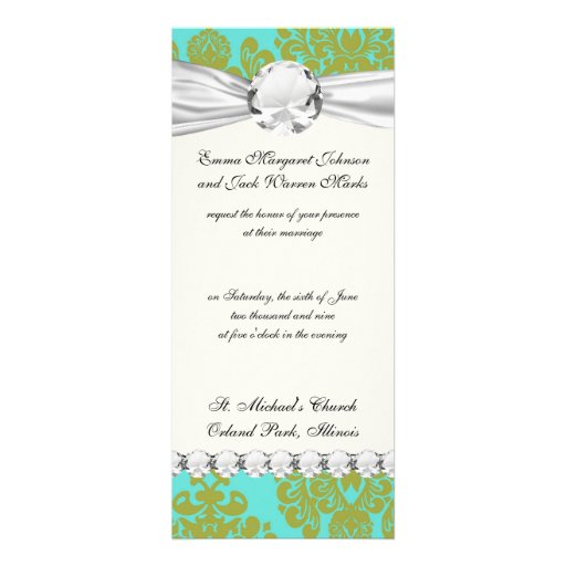 olive green and aqua aquamarine fleur damask custom announcements
