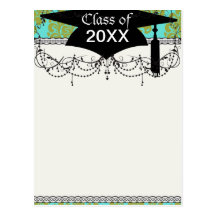 olive green and aqua blue fleur damask graduation postcard