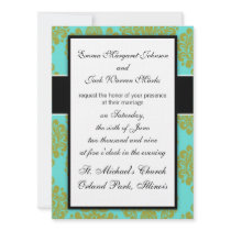 olive green and aqua blue fleur damask personalized invitations
