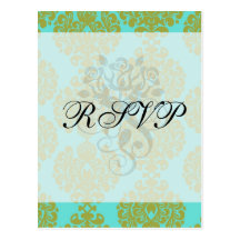 olive green and aqua blue fleur damask post cards
