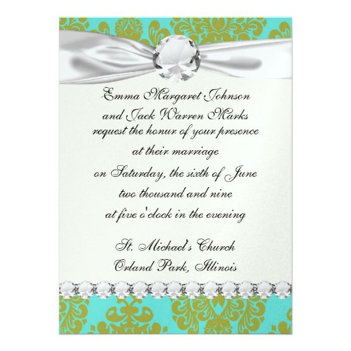 olive green and aquamarine aqua fleur damask announcement