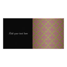 Olive Green and Pink Damask Pattern Customized Photo Card
