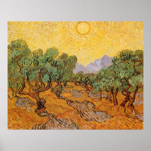 Olive Trees Yellow Sky Sun, van Gogh, Vintage Art Poster