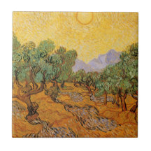 Olive Trees Yellow Sky Sun, van Gogh, Vintage Art Tile