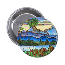 "One Fine Day" Stained Glass Landscape Art! Pinback Button