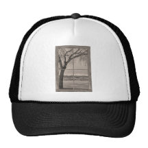 ongs Peak Winter Lake Barn Wood Picture Window  BW Mesh Hats