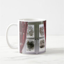 Open and closed window on to a winter scene coffee mug