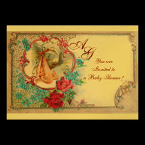Or de MONOGRAMME de la DOUCHE 2 de BÉBÉ de CIGOGNE invitations