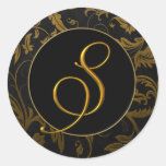 Or du monogramme S et joint noir de mariage damass Adhésifs Ronds