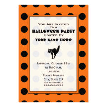 Orange and Black Polka Dot Black Cat Halloween Custom Invitations