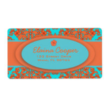 Orange and Turquoise Damask Personalised Shipping Labels