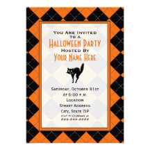 Orange & Black Argyle Black Cat Halloween Party Invite