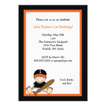 Orange & Black Baseball 1st Birthday Party Invite