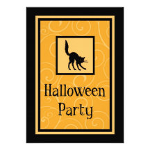 Orange Black Cat Halloween Party Invitation Card