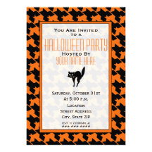 Orange & Black Houndstooth Black Cat Halloween Personalized Announcements