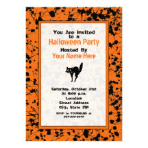 Orange & Black Paint Splatter Black Cat Halloween Custom Invites