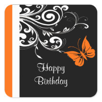 Orange Butterly Swirls Happy Birthday Stickers