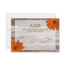 Orange Daisy Barn Wood Wedding RSVP Response Card Invite