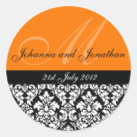 Orange Damask Monogram Wedding Stickers