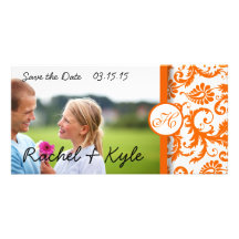 Orange Damask Swirls  Save the Date Photo Custom Photo Card