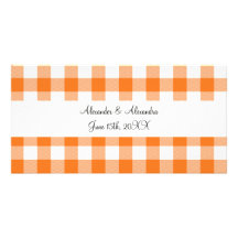 Orange gingham pattern wedding favours photo card template
