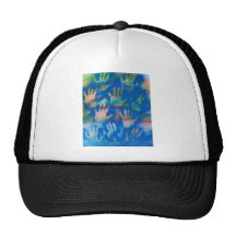 Orange hands on a blue background hats