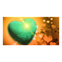 Orange hearts background w green heart & shamrock personalized photo card