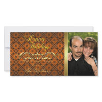 Orange Lace & Gold Scroll Holiday Photo Card