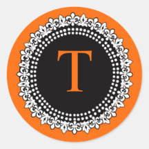 Orange Monogram Fleur de Lis Wedding Favour Sticke Round Sticker