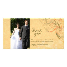 Orange & olive floral swirls wedding thank you photo greeting card