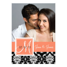 Orange Peach Black Damask Photo Save the Date Invite