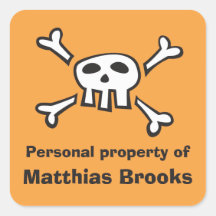 Orange pirate skull personal property label square sticker