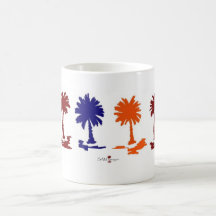 orange red blue palm trees coffee mugs