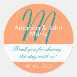 Orange Teal Simple Initial Wedding Favour Thank Yo Round Sticker