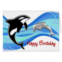 Orca and Dolphin in the Waves Birthday Card