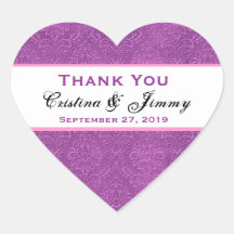Orchid Purple Damask Thank You Wedding Heart B453 Stickers