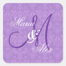 Orchid Purple Damask Wedding  Monogram S530A Square Stickers
