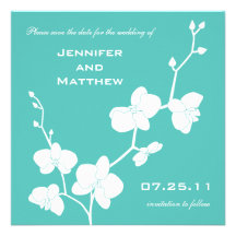 Orchids Save the Date - Turquoise Blue and White Personalized Invites