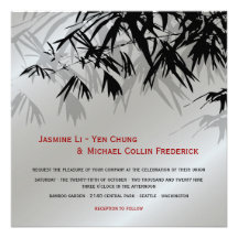 Oriental Bamboo Leaves Black Silver Wedding Invite