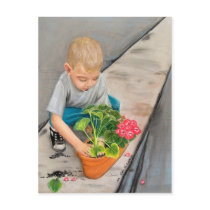 original artwork - small boy planting flowers