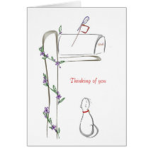 Original drawing of a cat watching bird on mailbox greeting card