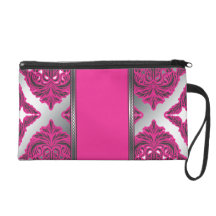 Ornate Damask Pink, Black, Silver Wristlet