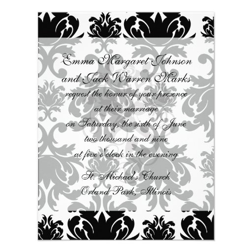 ornate formal black white damask personalized invites