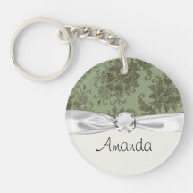 ornate green floral damask lattice round acrylic keychains