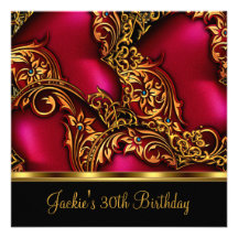 Ornate Jewelled Deep Red Gold Black 30th Personalized Invitations