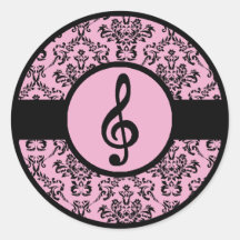 Ornate Pink Treble Clef Round Sticker