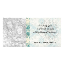 ornate teal green and cream damask pattern customized photo card