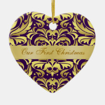 Our First Christmas Purple Gold Damask Ornament