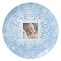 Our Little Snowflake Custom Christmas Photo Blue Party Plates